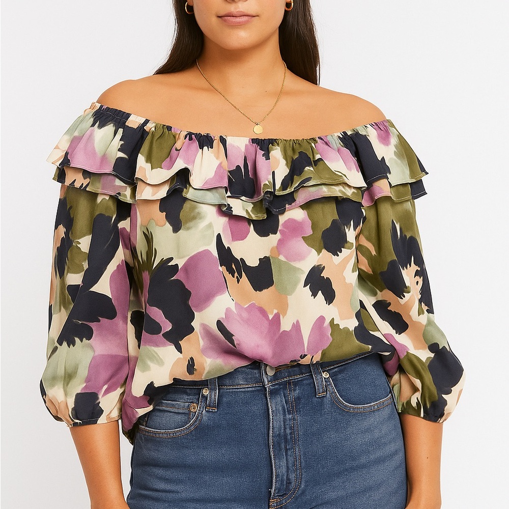 J Crew Lavender, Tan, and Green Abstract Floral Off Shoulder , 3/4 Sleeve Blouse